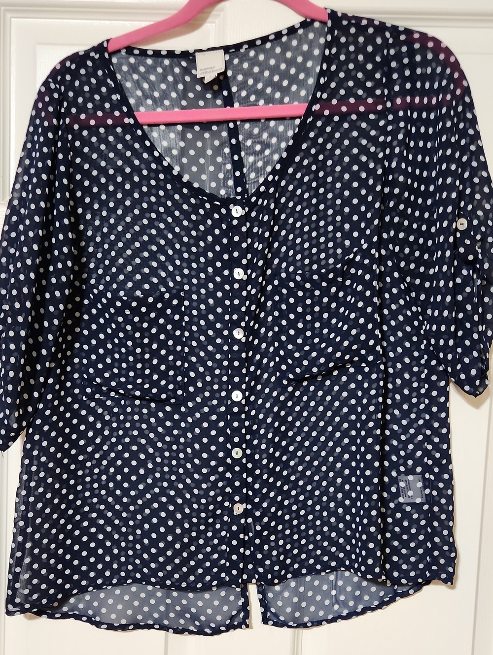 Navy Polka Dot Button-Front Women’s Blouse, Large, EUC